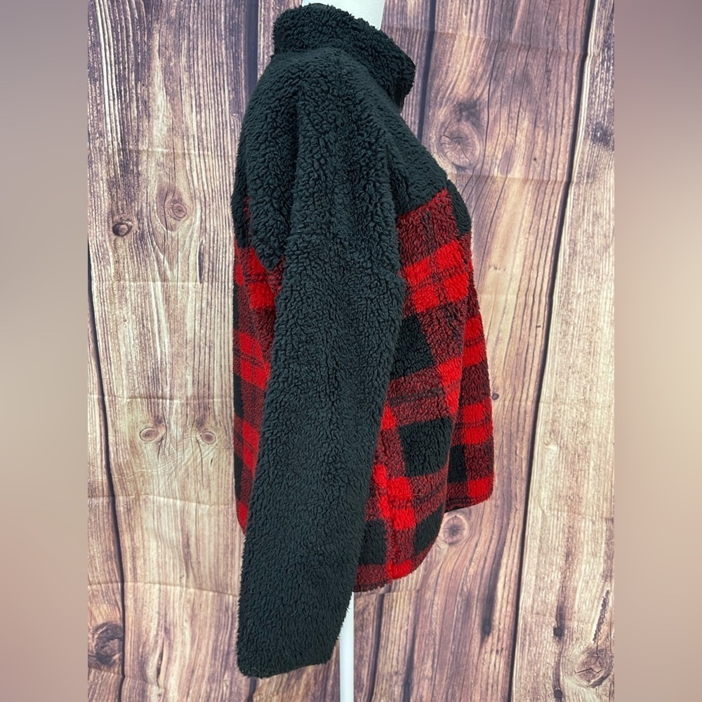 Seven7 red plaid Sherpa snap pullover top jacket women’s size M - Picture 4 of 14